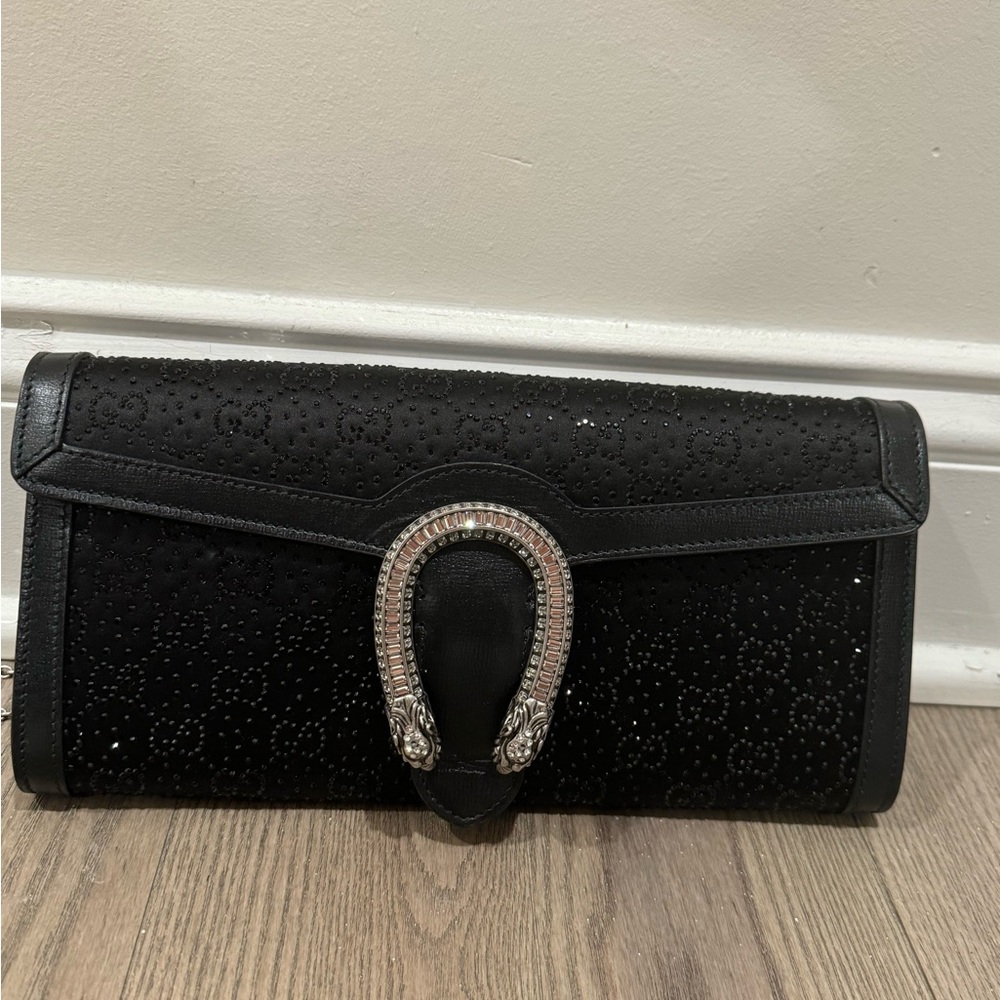 GUCCI
Dionysus leather-trimmed crystal-embellished satin clutch